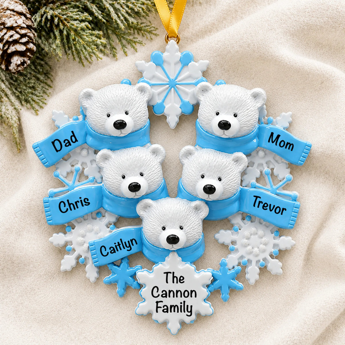 Personalized polar bear family of 5 christmas ornament laid on a soft white knit blanket