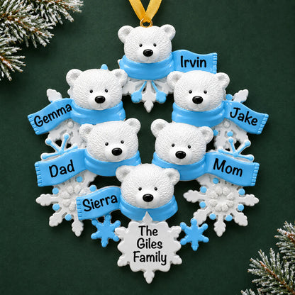 Personalized polar bear family of 6 christmas ornament on a dark green pine background