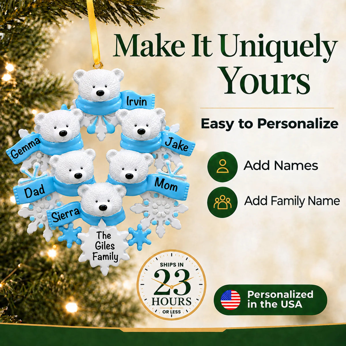 Make it yours: add names and year to the personalized polar bear family of 6 christmas ornament