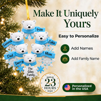 Make it yours: add names and year to the personalized polar bear family of 6 christmas ornament