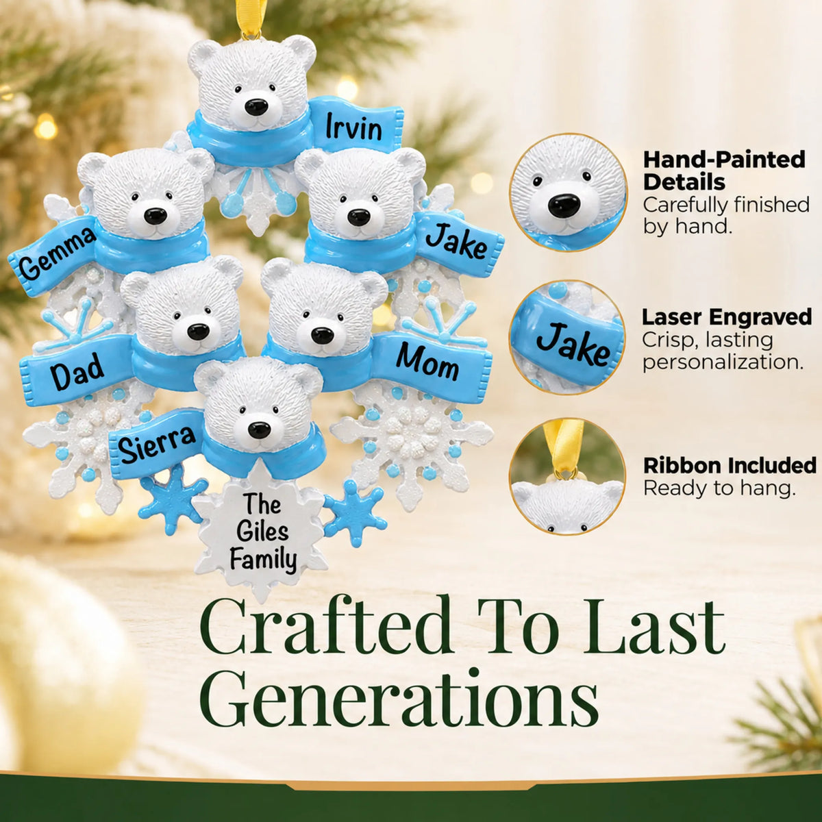 Hand-painted details and laser engraved personalization on the polar bear family of 6 christmas ornament, ribbon included