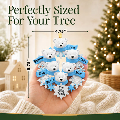 Size guide: the personalized polar bear family of 6 christmas ornament is 4.75 in wide by 5.75 in tall, shown in hand