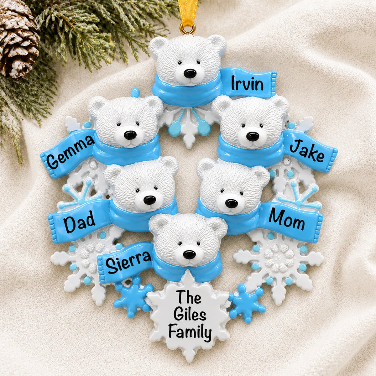 Personalized polar bear family of 6 christmas ornament laid on a soft white knit blanket