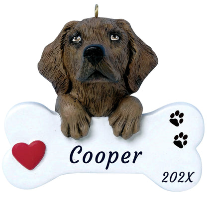 Personalized chocolate Lab Christmas ornament, the dog resting its paws on a white bone engraved with a pet name and year