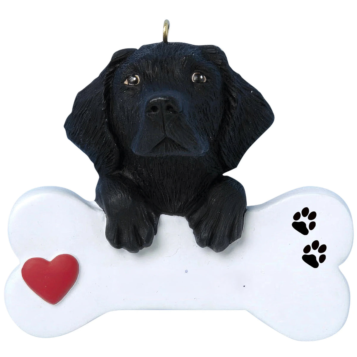 Personalized black Lab dog bone Christmas ornament shown blank, ready for your dog's name and year