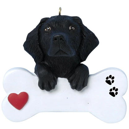 Personalized black Lab dog bone Christmas ornament shown blank, ready for your dog's name and year