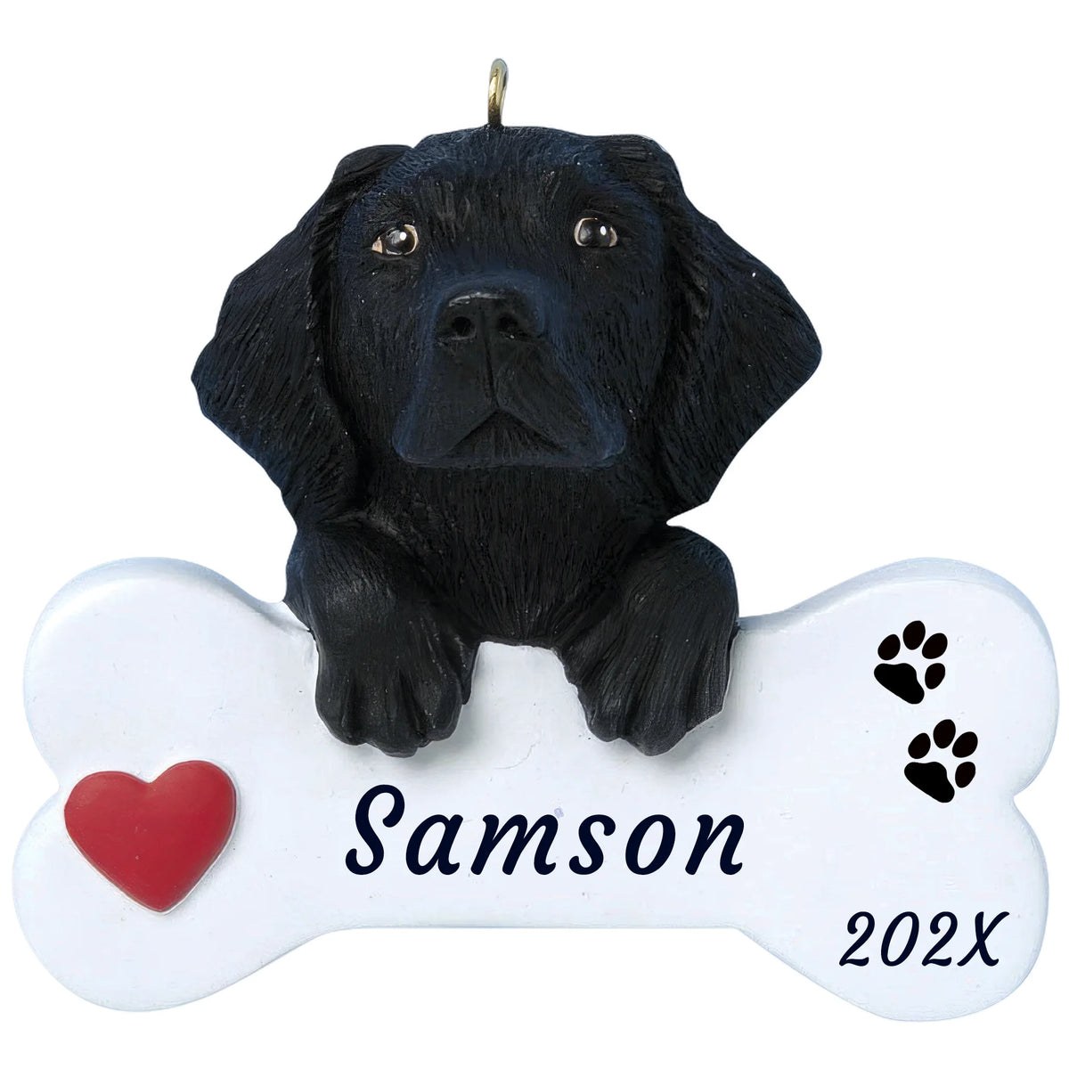 Personalized black Lab dog bone Christmas ornament, a glossy black pup with paws on a white bone, red heart, name and year