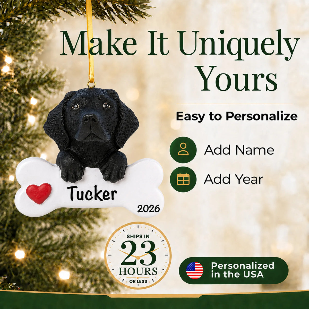 Personalized black Lab Christmas ornament with name and year options, ships in 23 hours, personalized in the USA