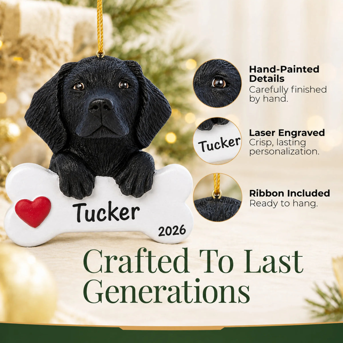 Close-up of the personalized black Lab dog bone Christmas ornament showing hand-painted details and laser engraving