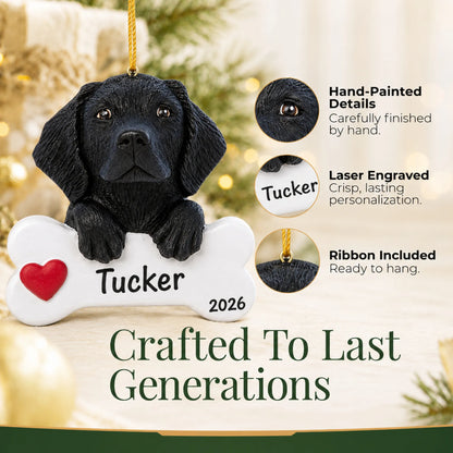 Close-up of the personalized black Lab dog bone Christmas ornament showing hand-painted details and laser engraving