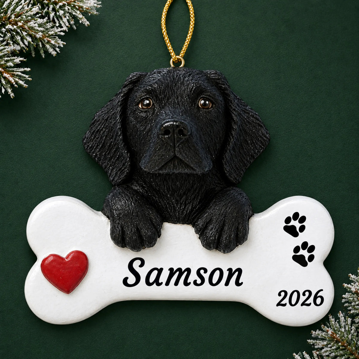 Personalized Black Lab Dog Bone christmas ornament on a dark green pine background
