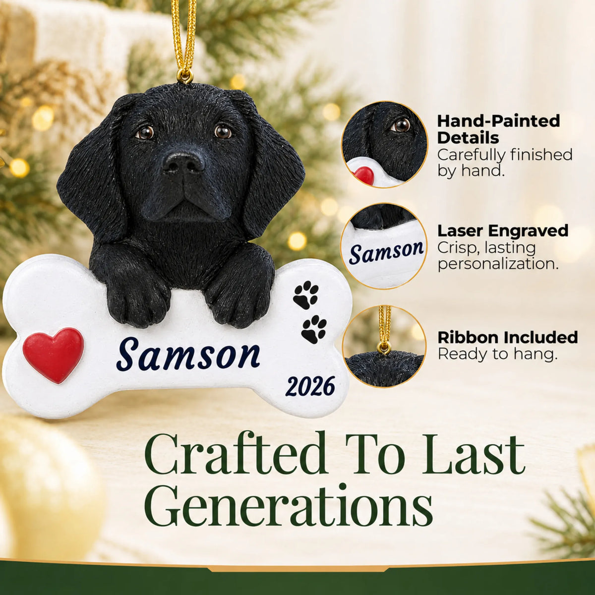 Hand-painted, laser engraved Black Lab Dog Bone christmas ornament, ribbon included