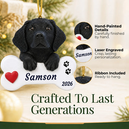 Hand-painted, laser engraved Black Lab Dog Bone christmas ornament, ribbon included