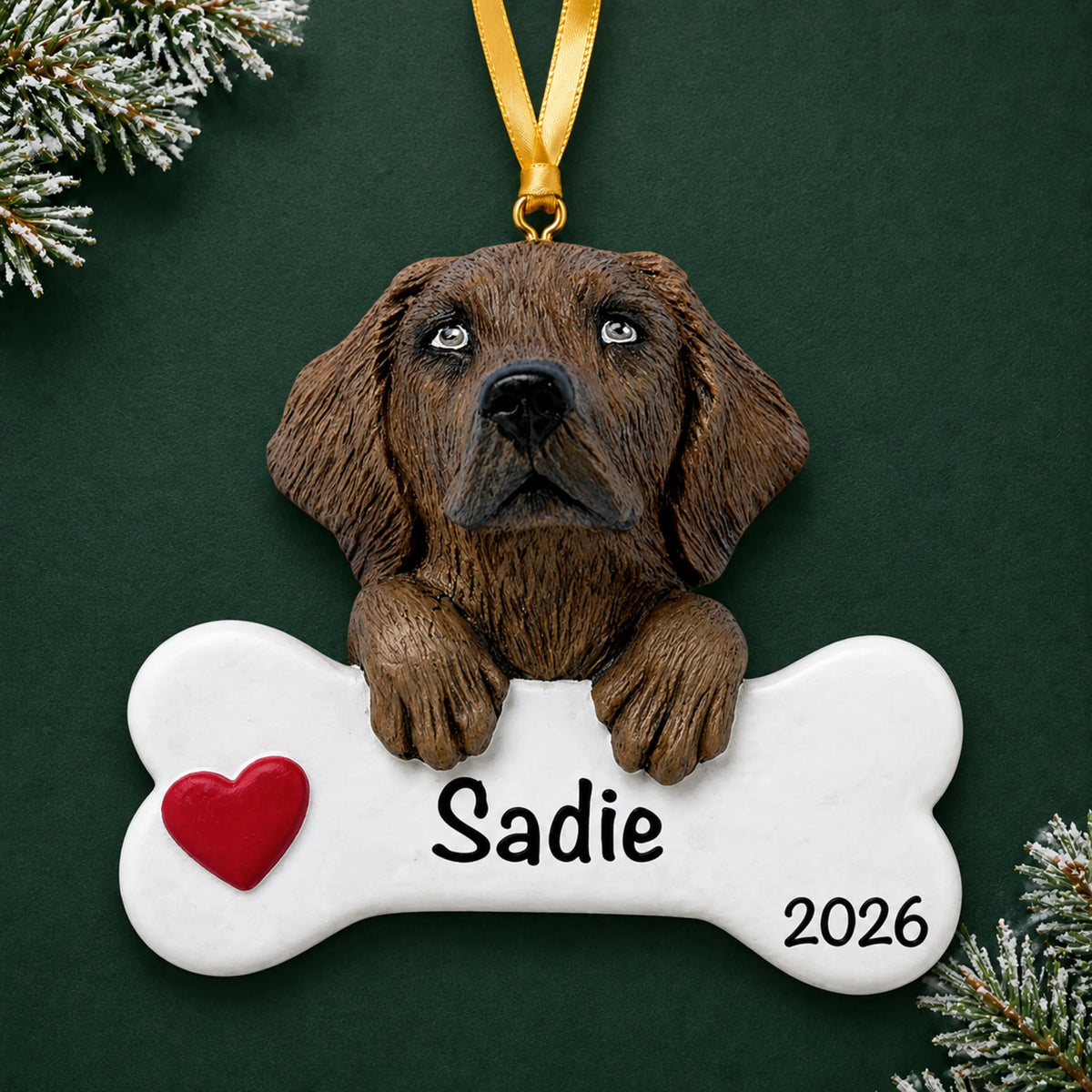 Personalized chocolate Lab dog bone Christmas ornament with a red heart, engraved name and year on a green holiday backdrop
