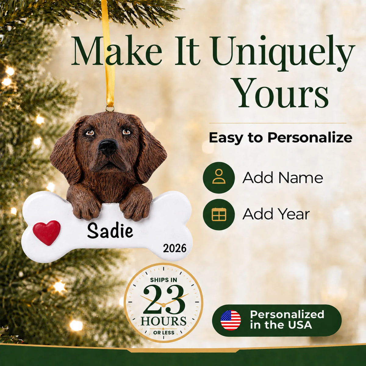 Personalized chocolate Lab Christmas ornament with name and year options, ships in 23 hours, personalized in the USA