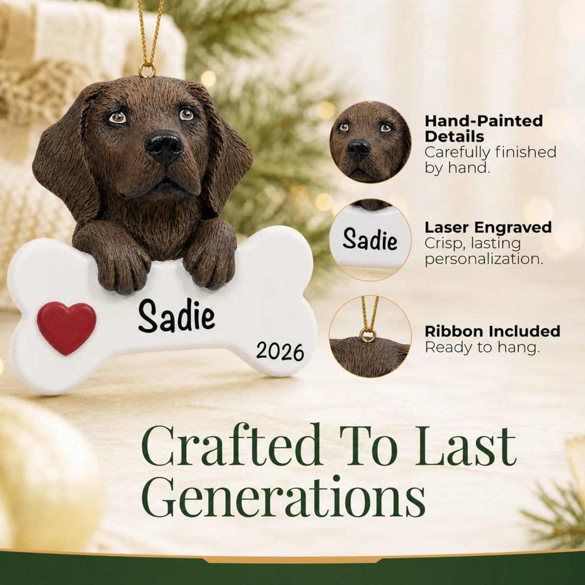 Close-up of the personalized chocolate Lab dog bone Christmas ornament showing hand-painted details and laser engraving