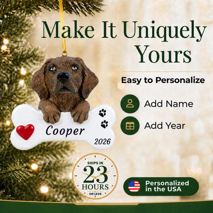 Make it yours: personalize the Chocolate Lab Dog Bone christmas ornament with your dog's name and the year