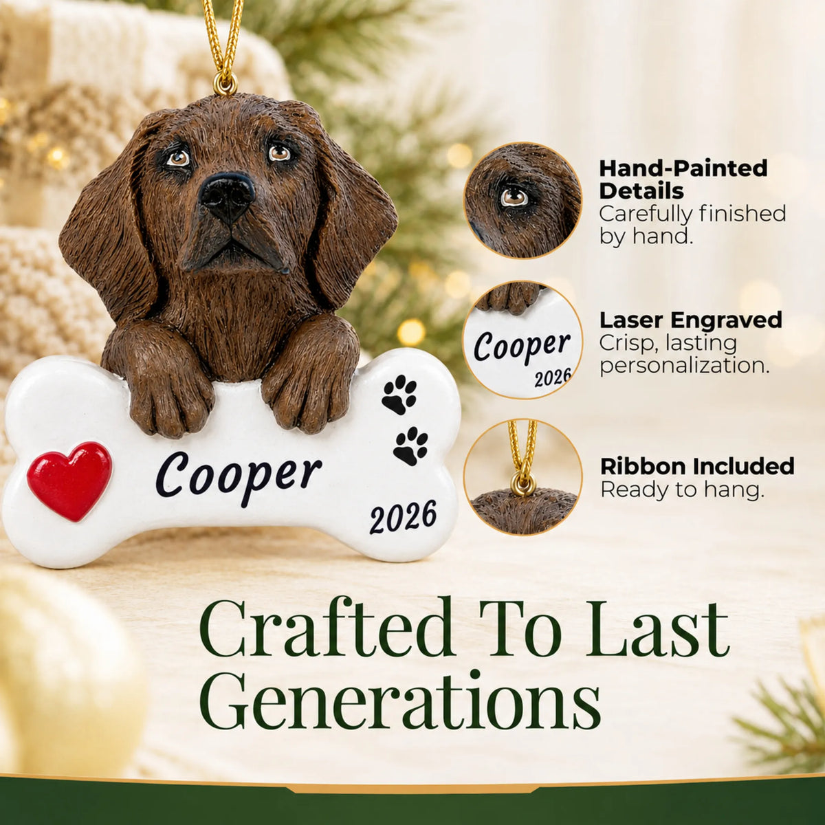 Hand-painted, laser engraved Chocolate Lab Dog Bone christmas ornament, ribbon included