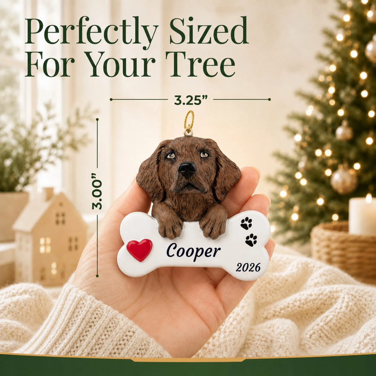 Size guide: the personalized Chocolate Lab Dog Bone christmas ornament is 3.25 in wide by 3.00 in tall, shown in hand