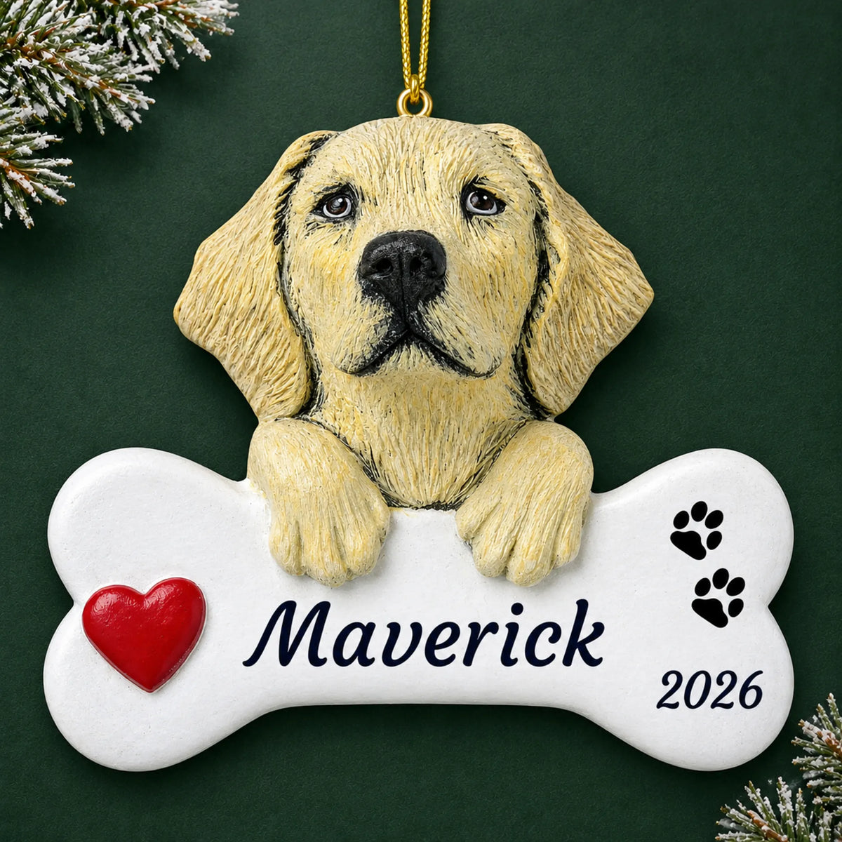 Personalized Yellow Lab Dog Bone christmas ornament on a dark green pine background