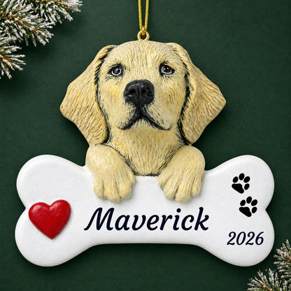 Personalized Yellow Lab Dog Bone christmas ornament on a dark green pine background