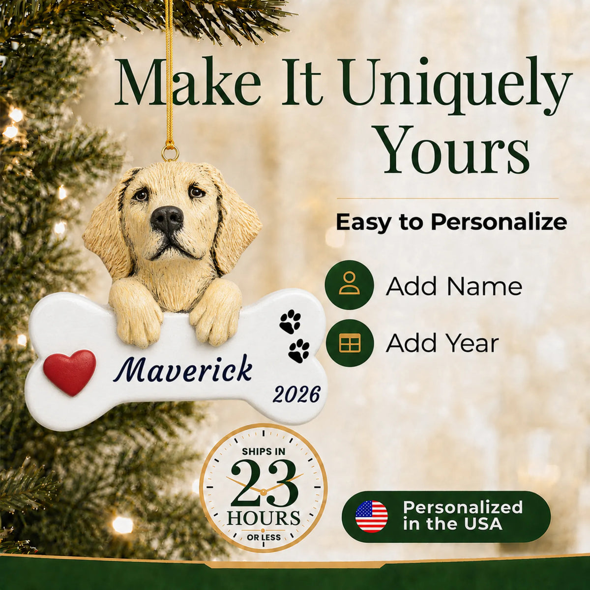 Make it yours: personalize the Yellow Lab Dog Bone christmas ornament with your dog's name and the year