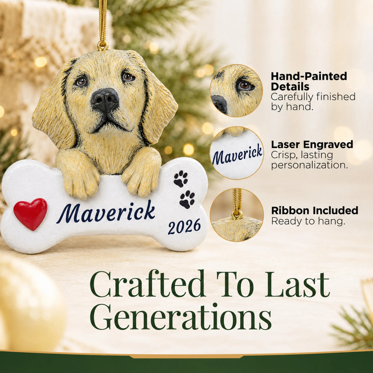 Hand-painted, laser engraved Yellow Lab Dog Bone christmas ornament, ribbon included