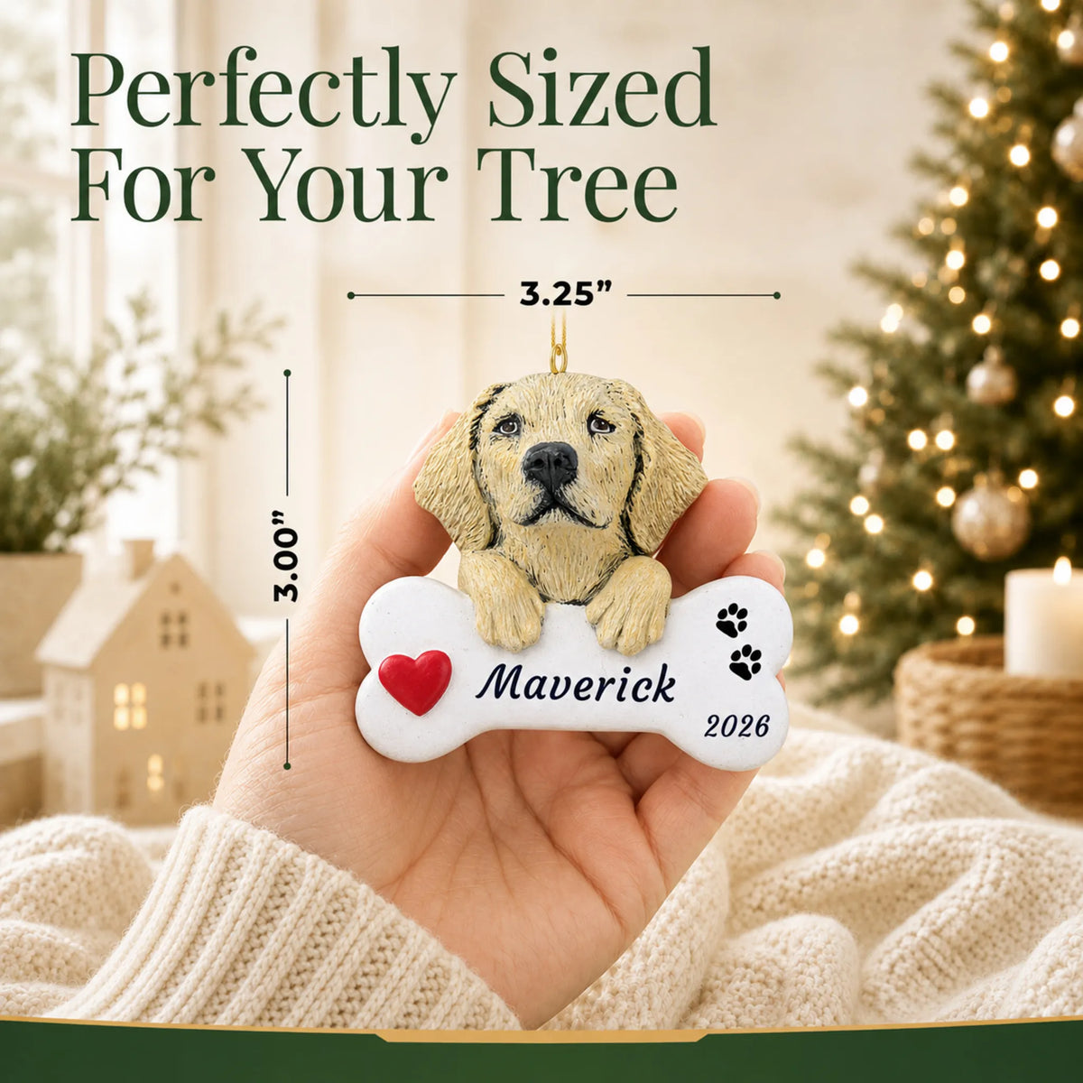 Size guide: the personalized Yellow Lab Dog Bone christmas ornament is 3.25 in wide by 3.00 in tall, shown in hand