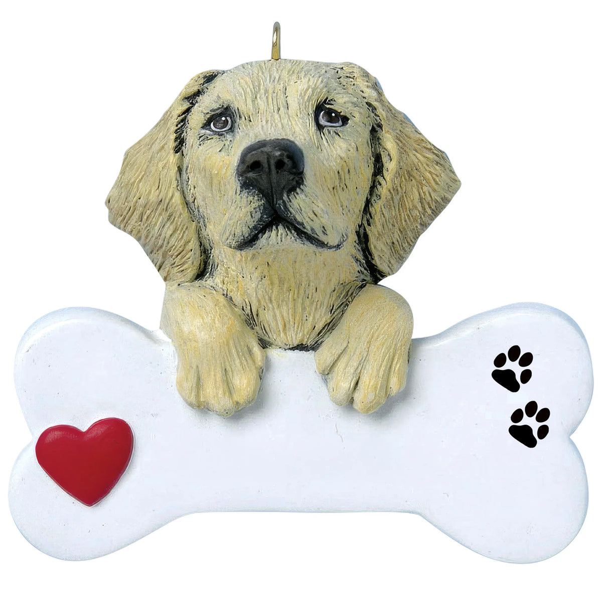 Personalized yellow Lab dog bone Christmas ornament shown blank, ready for your dog's name and year