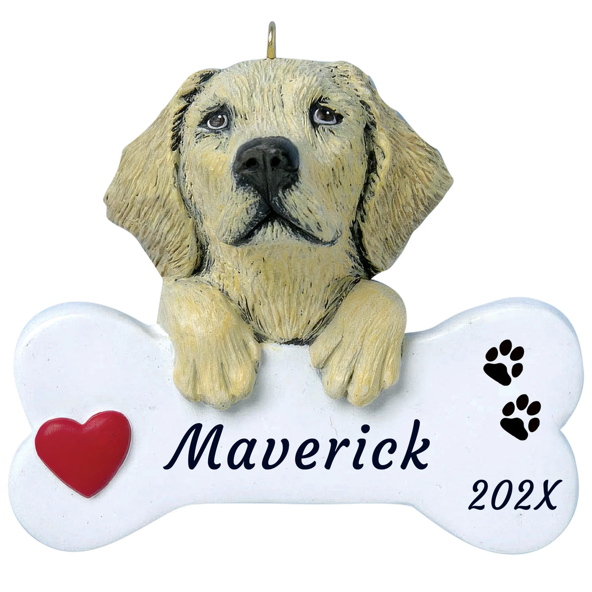 Personalized yellow Lab dog bone Christmas ornament, a cream Lab with paws on a white bone, red heart, name and year
