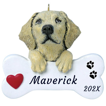 Personalized yellow Lab dog bone Christmas ornament, a cream Lab with paws on a white bone, red heart, name and year