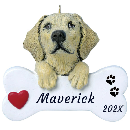 Personalized yellow Lab dog bone Christmas ornament, a cream Lab with paws on a white bone, red heart, name and year