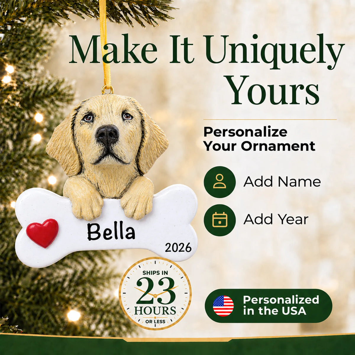 Personalized yellow Lab Christmas ornament with name and year options, ships in 23 hours, made in the USA