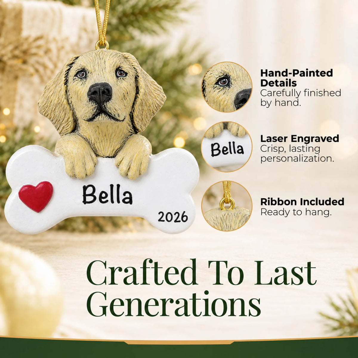 Close-up of the personalized yellow Lab Christmas ornament showing hand-painted details and laser engraving