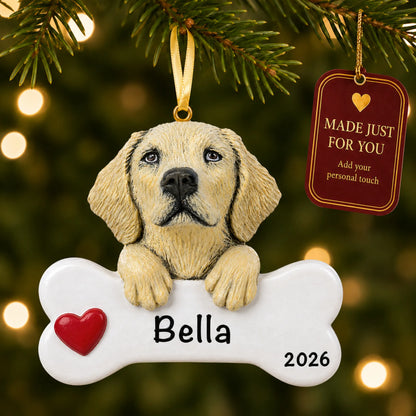 Personalized yellow Lab Christmas ornament hanging on a lit tree beside a Made Just For You tag