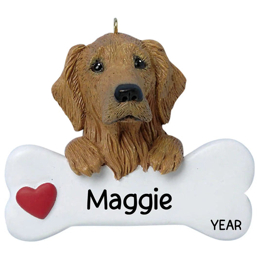 Personalized Christmas ornament featuring a Golden Retriever head and paws resting on a large blank white bone with a red heart, ready for custom name engraving.