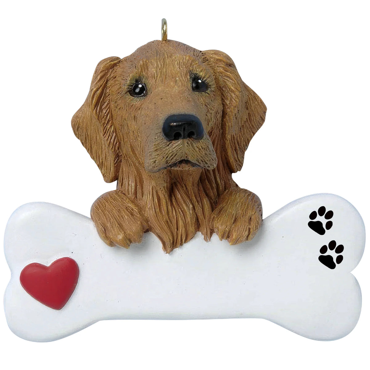 Personalized golden retriever dog bone Christmas ornament shown blank, ready for your dog's name and year