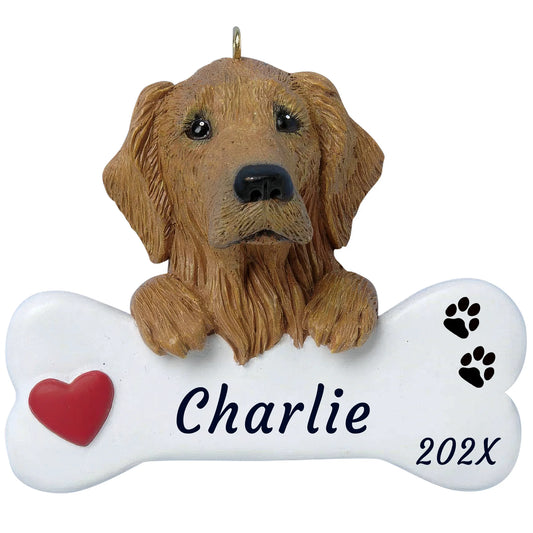 Personalized golden retriever dog bone Christmas ornament, a feathery golden pup on a white bone, red heart, name and year