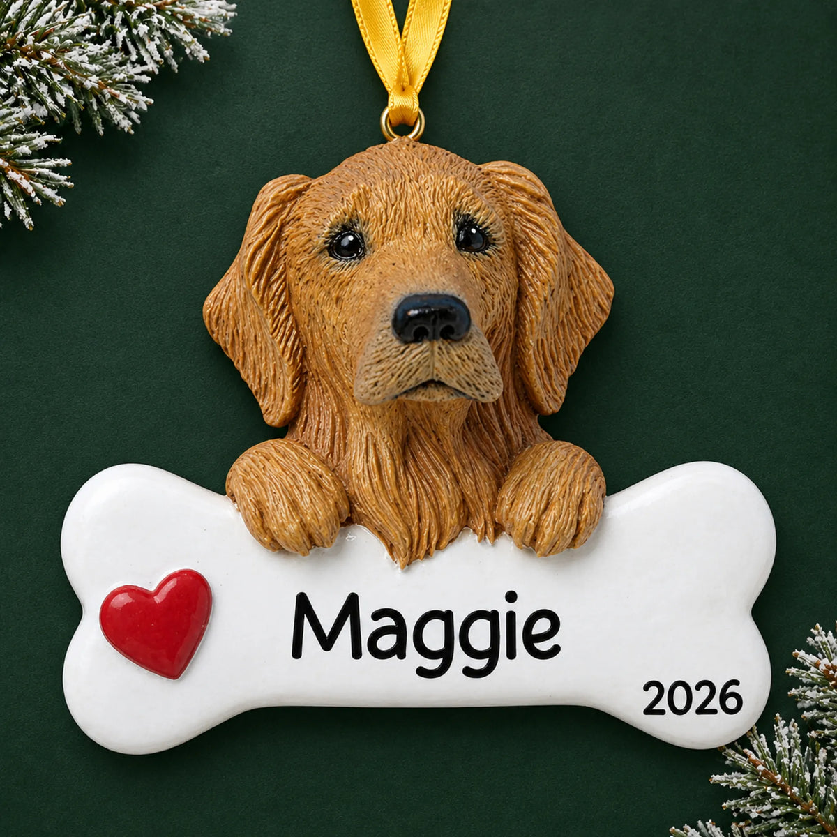 Personalized golden retriever dog bone Christmas ornament, engraved with a name and year, on a green holiday backdrop