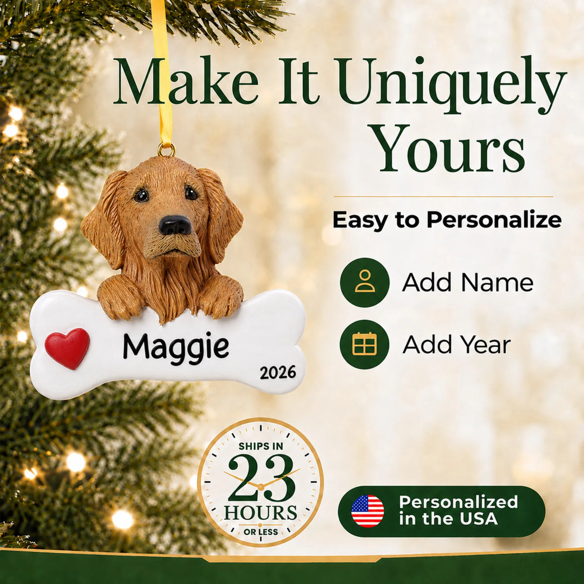 Personalized golden retriever Christmas ornament with name and year options, ships in 23 hours, made in the USA