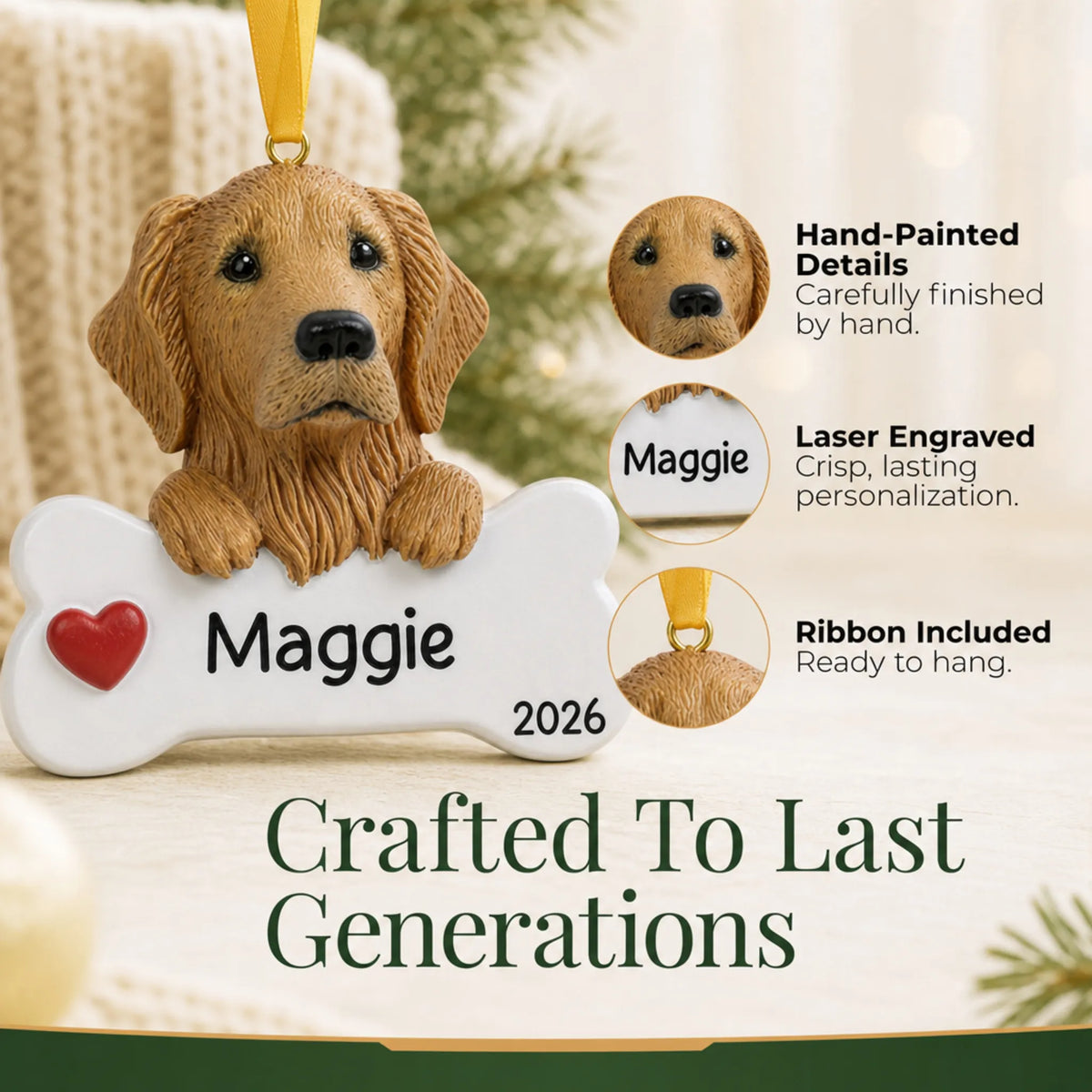 Close-up of the personalized golden retriever Christmas ornament showing hand-painted details and laser engraving