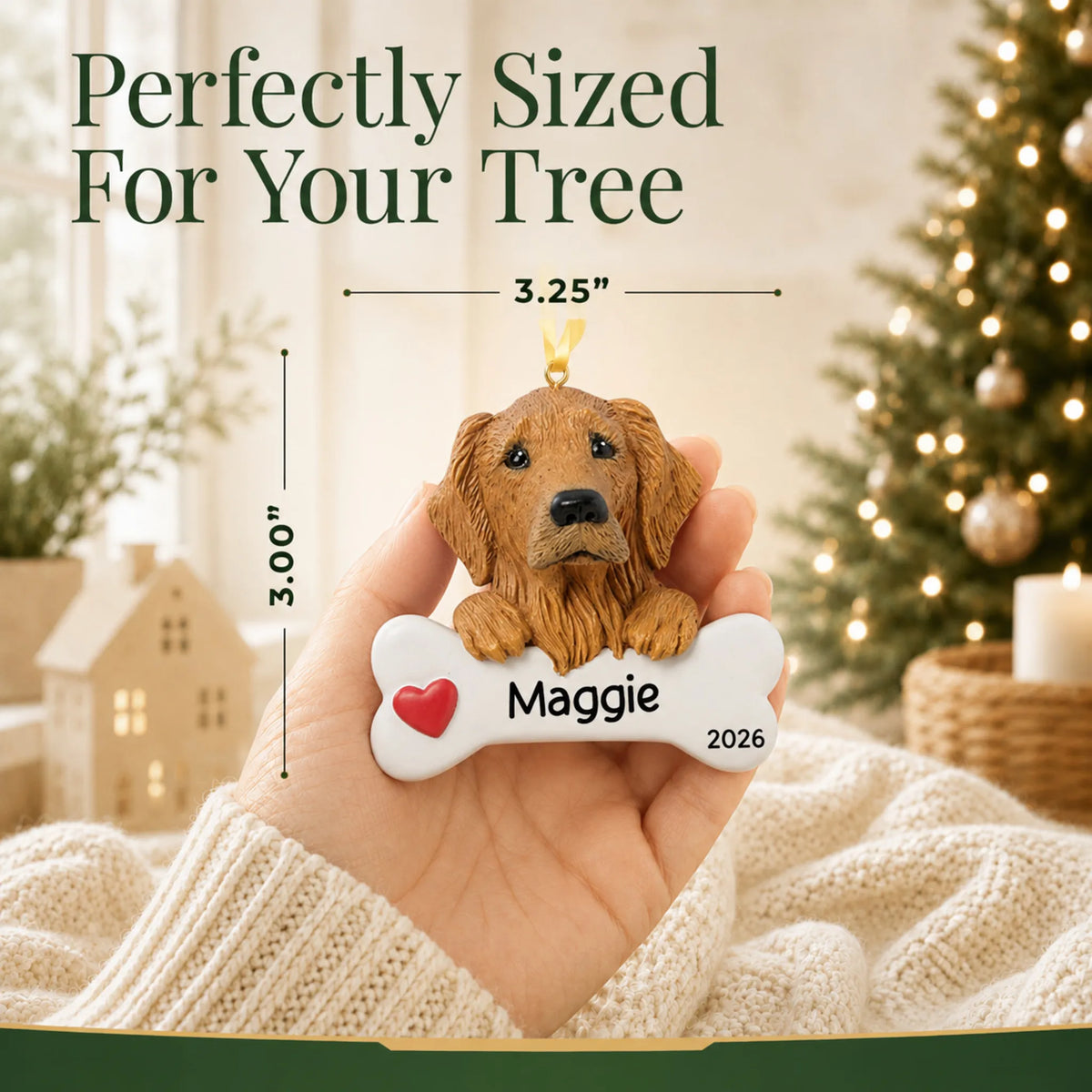 Hand holding the personalized golden retriever Christmas ornament to show its 3.25 inch width
