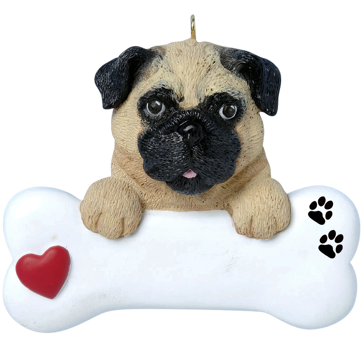 Personalized pug dog bone Christmas ornament shown blank, ready for your dog's name and year