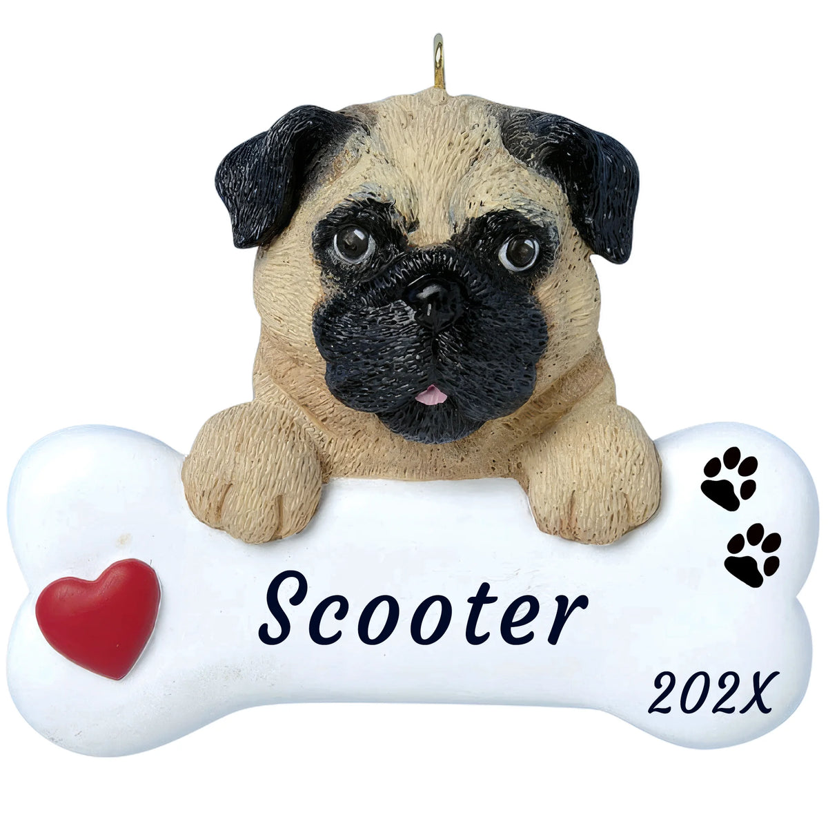 Personalized pug dog bone Christmas ornament, a fawn pug with a black mask, paws on a white bone, red heart, name and year