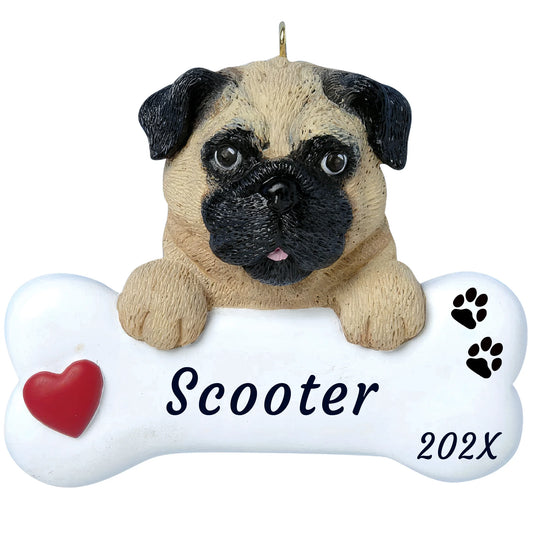 Personalized pug dog bone Christmas ornament, a fawn pug with a black mask, paws on a white bone, red heart, name and year
