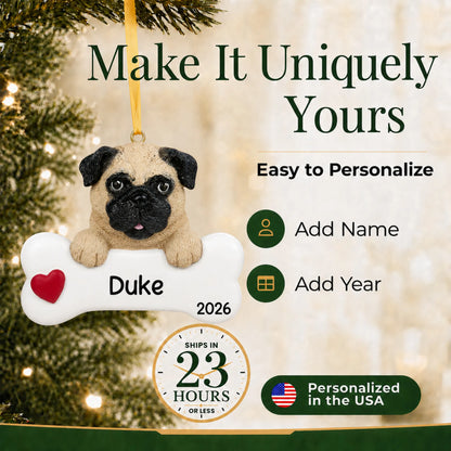 Personalized pug Christmas ornament with name and year options, ships in 23 hours, personalized in the USA