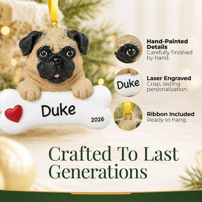 Close-up of the personalized pug dog bone Christmas ornament showing hand-painted details and laser engraving