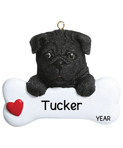 Black Pug Dog Bone Christmas Ornament