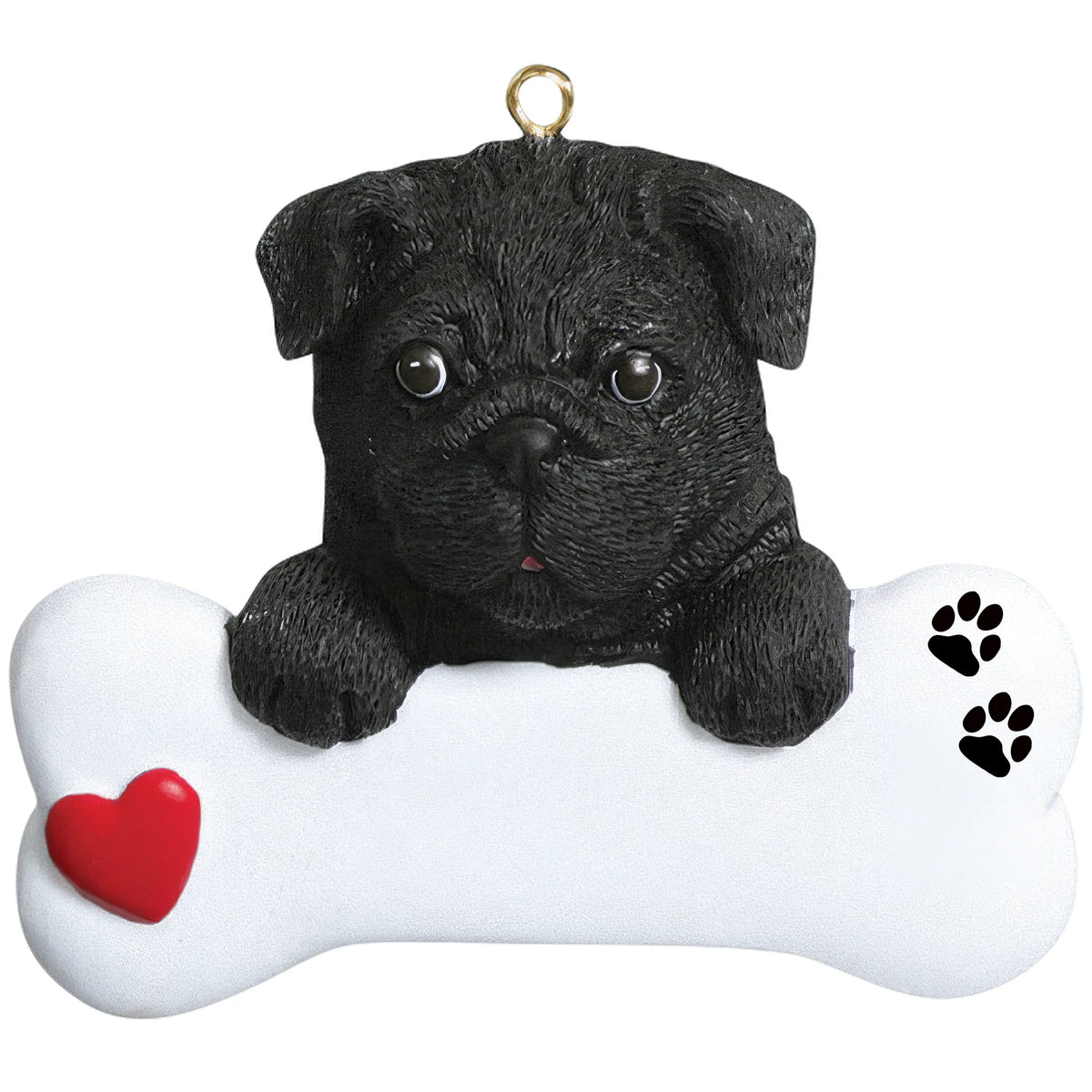 Personalized black pug dog bone Christmas ornament shown blank, ready for your dog's name and year