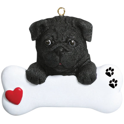 Personalized black pug dog bone Christmas ornament shown blank, ready for your dog's name and year